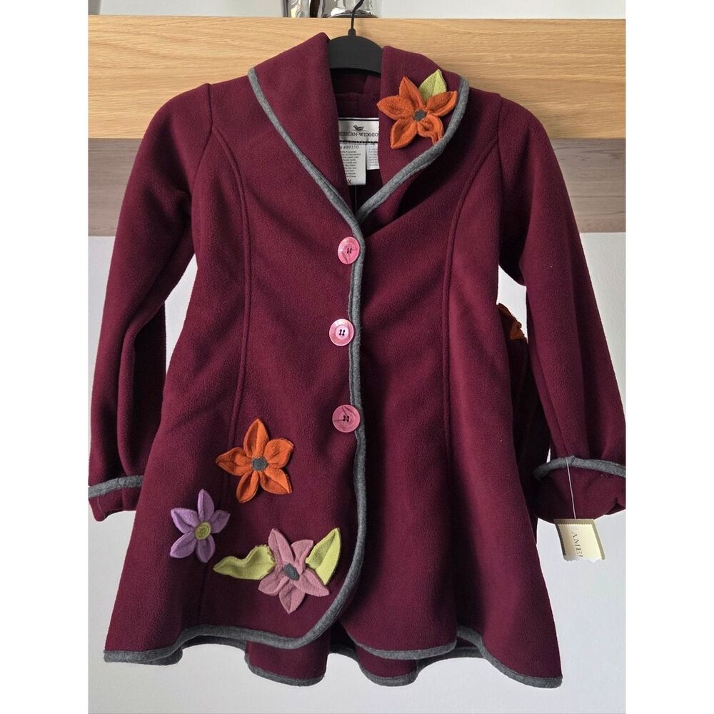 Girls Burgundy Floral Trim Coat